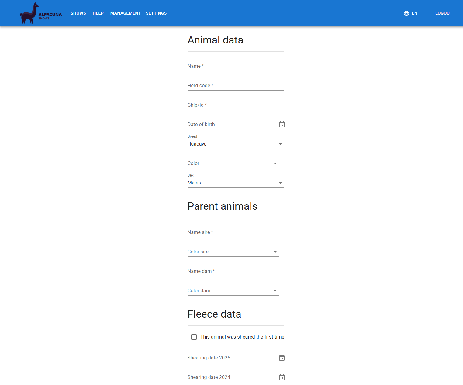 Screenshot: Alpacuna shows application form